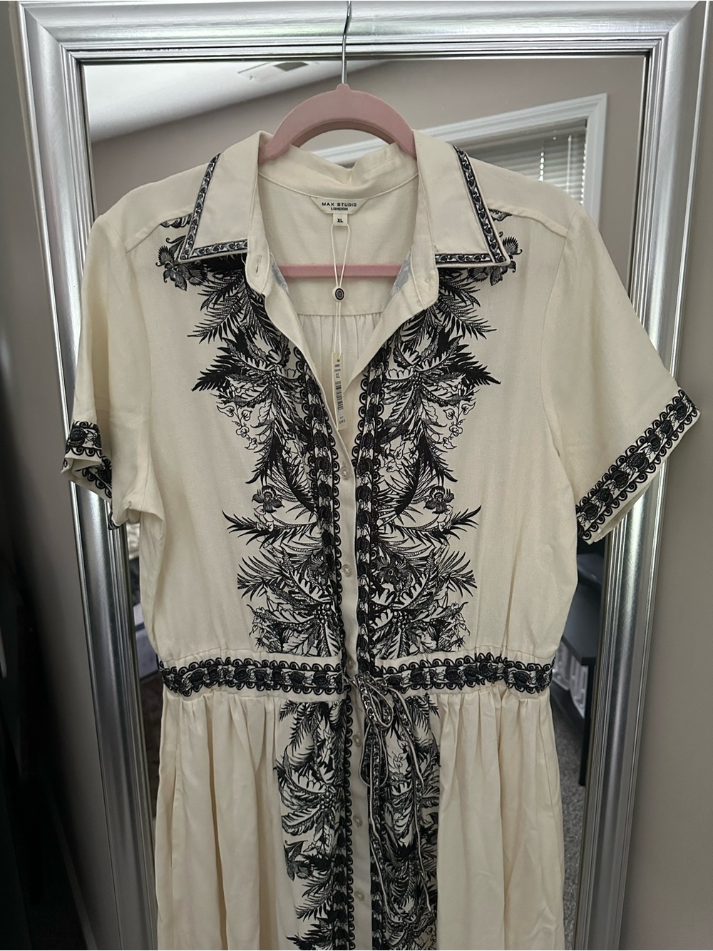 Max Studio Cream Midi Dress with Black Botanical Embroidery
